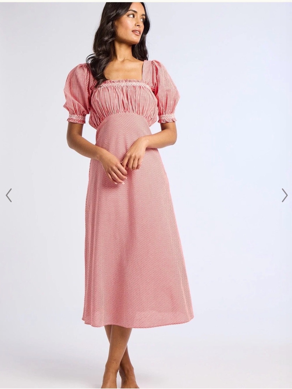 Red Gingham Square-Neck Midi Dress